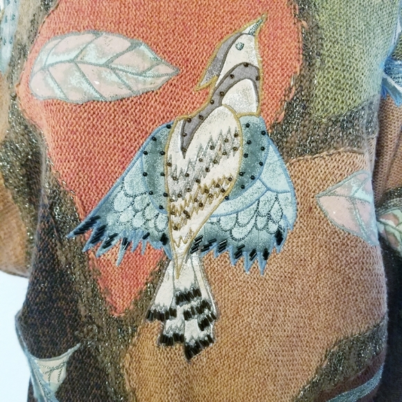 Vintage 80's retro hippie boho bird leaf sweater L - Picture 4 of 7